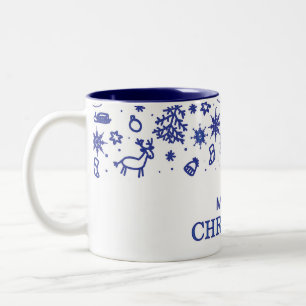 Merry Christmas! Decorative blue drawings in doodl Two-Tone Coffee Mug