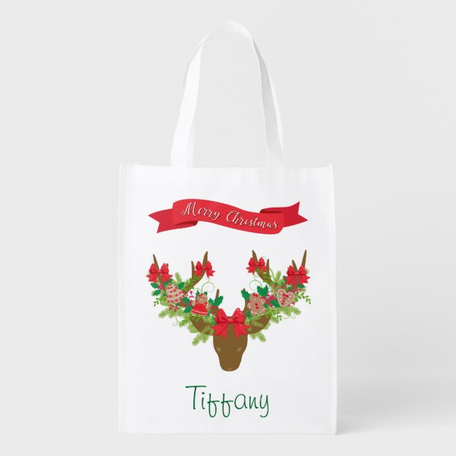 Merry Christmas decorative deer head Grocery Bag (Front)