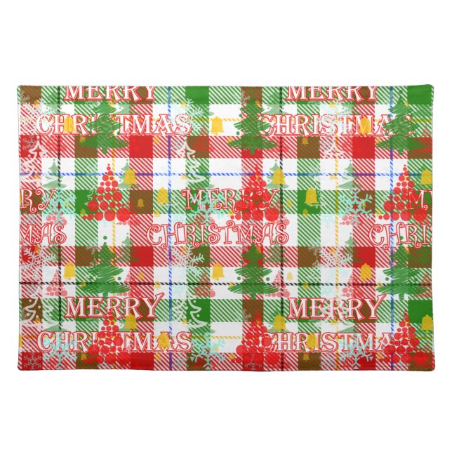 Merry Christmas Decorative Plaid Tartan  Cloth Placemat (Front)
