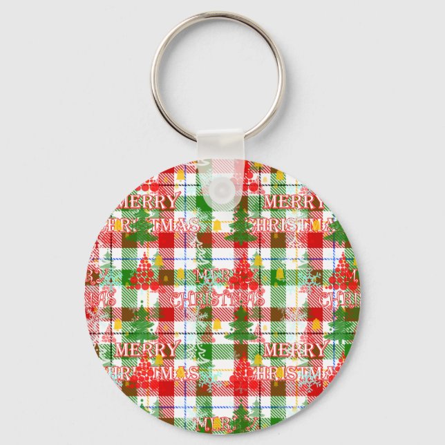 Merry Christmas Decorative Plaid Tartan  Keychain (Front)