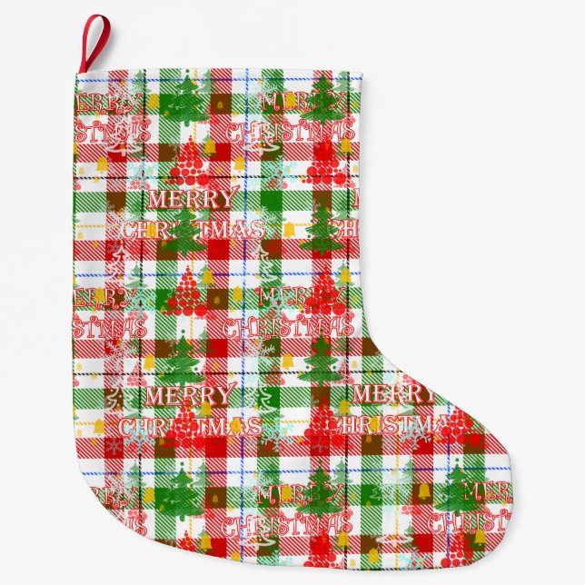 Merry Christmas Decorative Plaid Tartan  Large Christmas Stocking (Front)