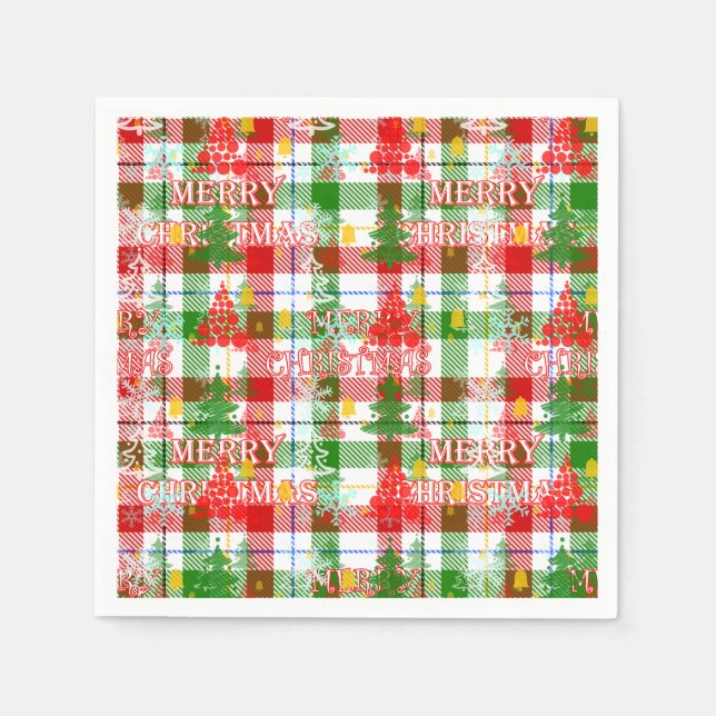 Merry Christmas Decorative Plaid Tartan  Napkins (Front)