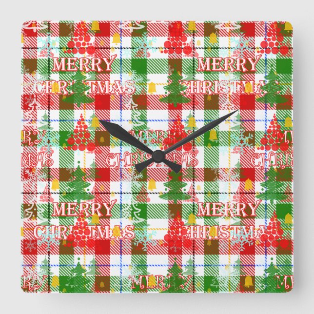 Merry Christmas Decorative Plaid Tartan  Square Wall Clock (Front)
