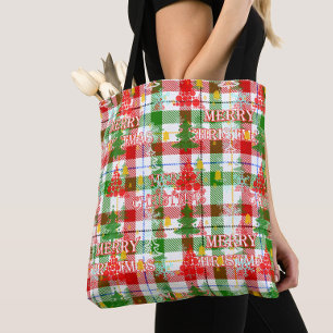 Merry Christmas Decorative Plaid Tartan Tote Bag