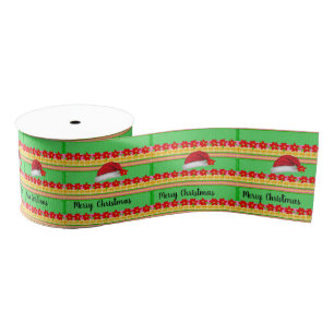 Merry Christmas Decorative Ribbon, Santa Hat Green Grosgrain Ribbon
