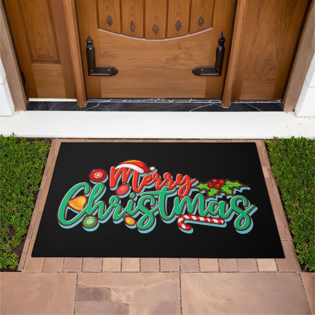 Merry Christmas Decorative Typography Script  Doormat (Outdoor)