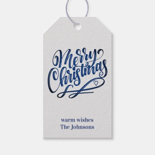 Merry Christmas Deep Blue Brush Script  Grey Gift Tags