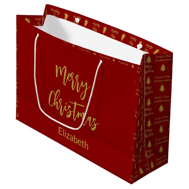 Merry Christmas Deep Red and Gold Names Trees Large Gift Bag (Front Angled)