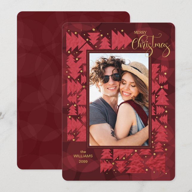 Merry Christmas Deep Red Holiday Trees Photo Card (Front/Back)
