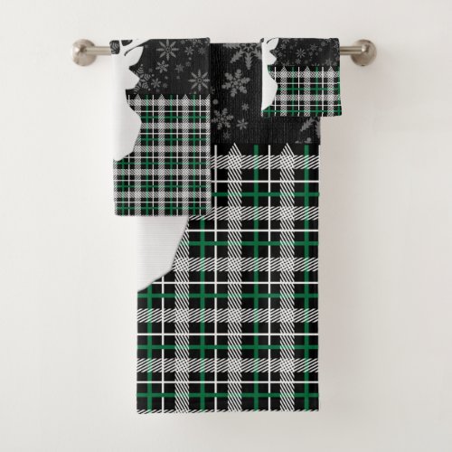 Merry Christmas Deer and Snowflakes _ Green Plaid Bath Towel Set