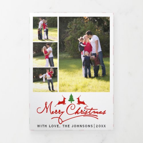 Merry Christmas deer and tree and photo collage Tri_Fold Holiday Card