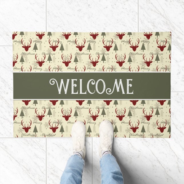 Merry Christmas Deer and Tree Entryway Rug (Indoor)