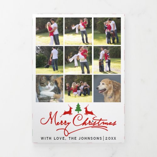 Merry Christmas deer and tree photo collage Tri_Fold Holiday Card