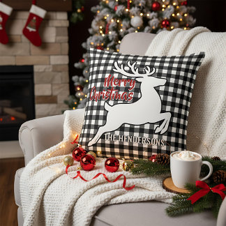 Merry Christmas Deer Black & White Plaid Name Thro Throw Pillow