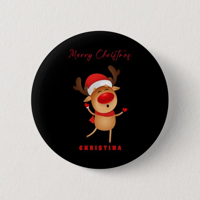 Merry Christmas Deer Cartoon Christmas T Shirt  Button (Front)