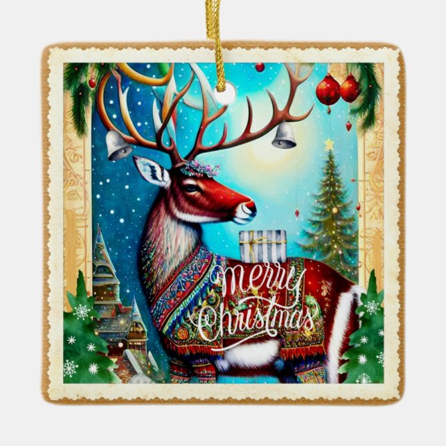 MERRY CHRISTMAS DEER CERAMIC ORNAMENT (Front)