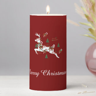 Merry Christmas Deer Dk Red Pillar Candle