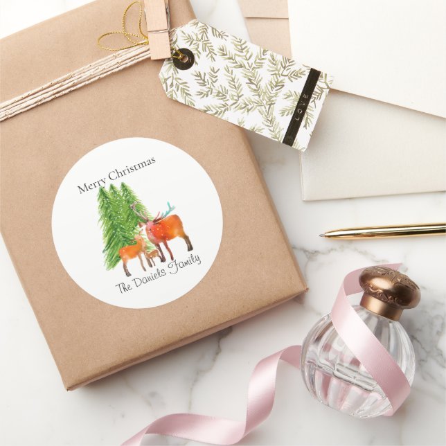 Merry Christmas Deer Family in Snow Classic Round Sticker (Gifting)