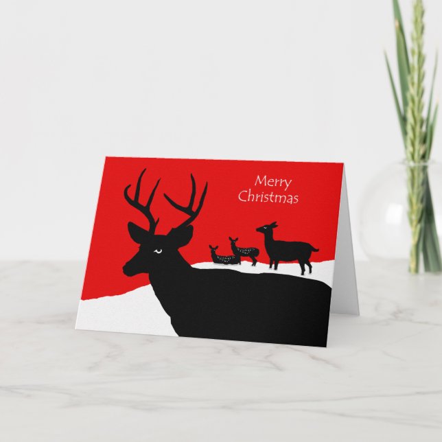 Merry Christmas, Deer Family Silhouette in Snow Holiday Card (Front)