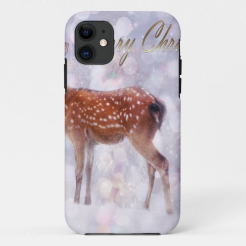Merry Christmas Deer Friends in Snow iPhone 11 Case