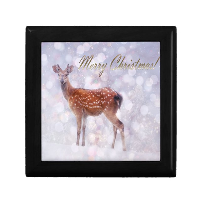 Merry Christmas Deer Friends in Snow! Keepsake Box (Front)