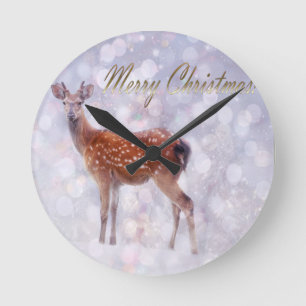 Merry Christmas Deer Friends in Snow Round Clock