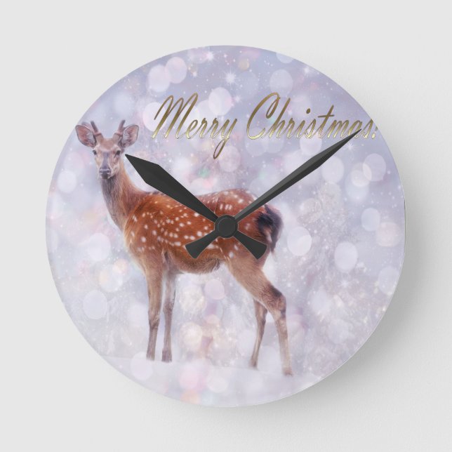 Merry Christmas Deer Friends in Snow Round Clock (Front)