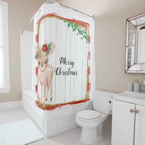 Merry Christmas Deer Gold Red White Wood  Shower Curtain