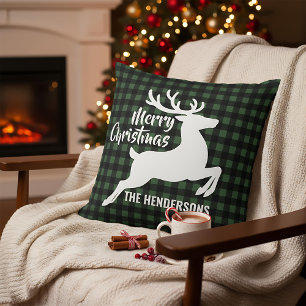 Merry Christmas Deer Green & Black Plaid Name Throw Pillow