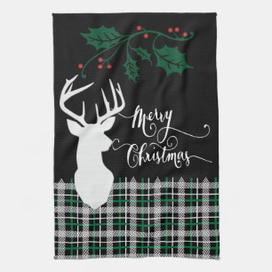 Merry Christmas Deer - Green Plaid Kitchen Towel