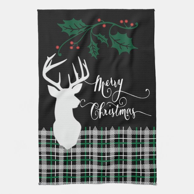 Merry Christmas Deer - Green Plaid Kitchen Towel (Vertical)