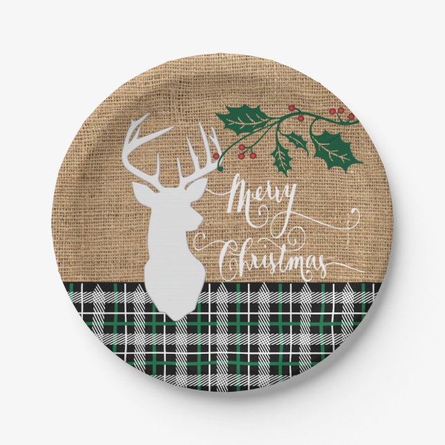 Merry Christmas Deer - Green Plaid Paper Plates (Front)