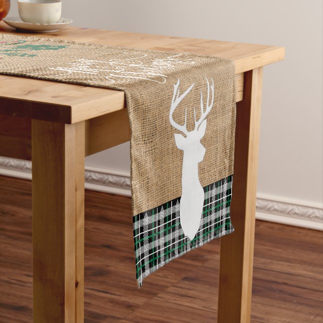 Merry Christmas Deer - Green Plaid Short Table Runner (In Situ)