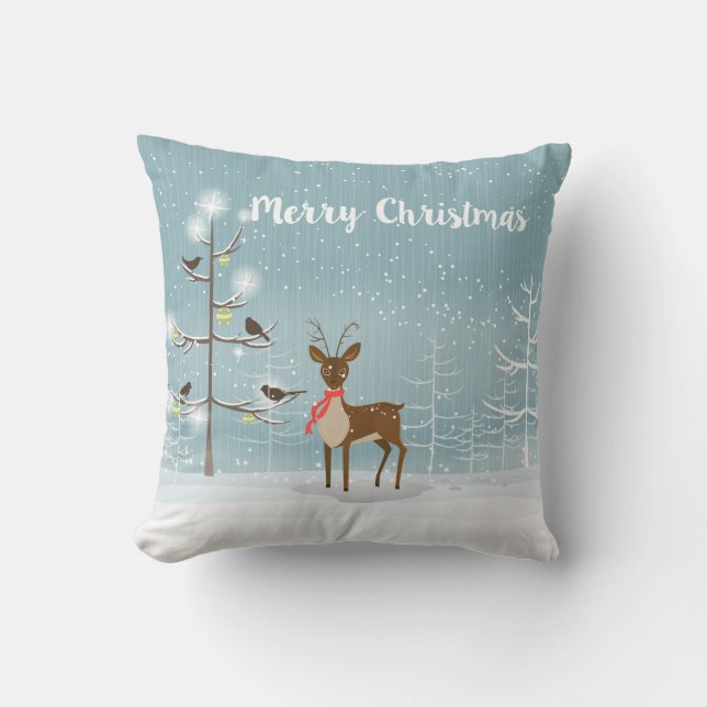 Merry Christmas- Deer Illustration Throw Pillow (Front)