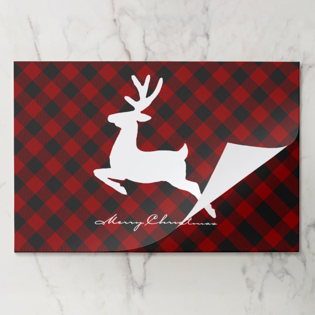 Merry Christmas deer on plaid Paper Placemat (Folded)