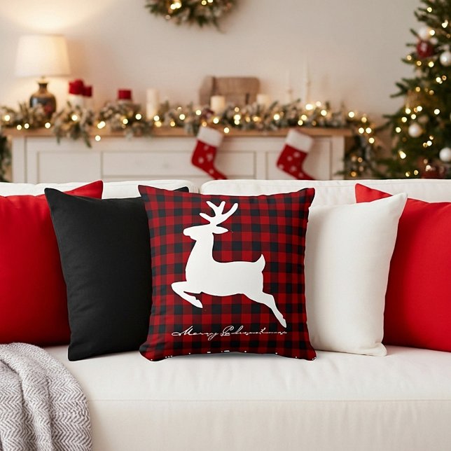 Merry Christmas deer on plaid Throw Pillow (Creator Uploaded)