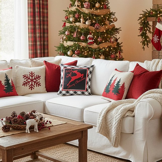 Merry Christmas deer on plaid Throw Pillow (Creator Uploaded)