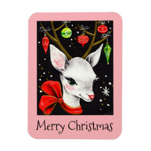 Merry Christmas Deer Pink Retro Holiday Magnet