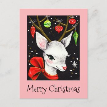 Merry Christmas Deer Pink Retro Holiday Postcard by Pretty_Vintage at Zazzle