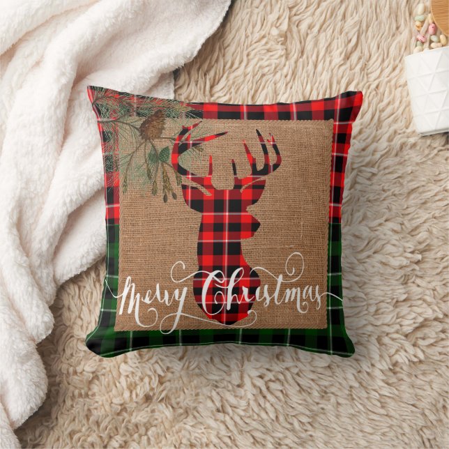 Merry Christmas Deer - Plaid and Burlap Throw Pillow (Blanket)