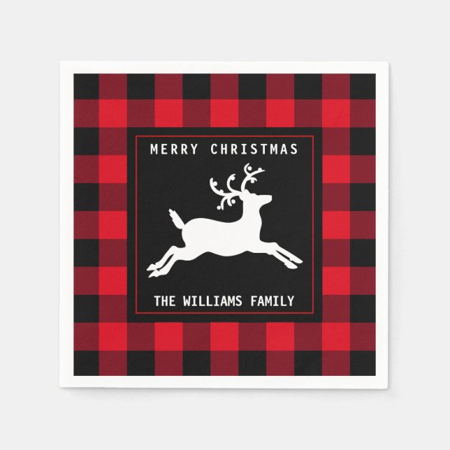 Merry Christmas Deer Red Black Buffalo Check Napkins (Front)