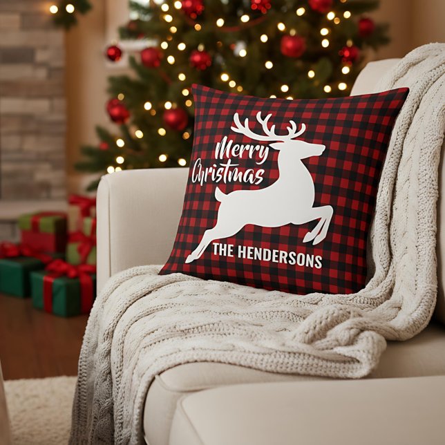 Merry Christmas Deer Red & Black Plaid Custom Name Throw Pillow (Creator Uploaded)