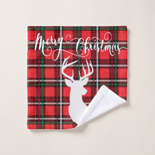 Merry Christmas Deer _ Red Plaid Bath Towel Set