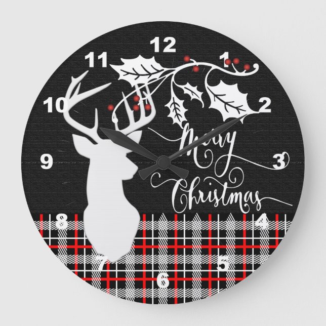 Merry Christmas Deer - Red Plaid Large Clock (Front)
