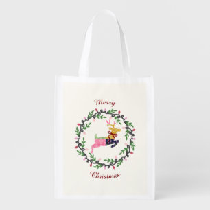 Merry Christmas Deer Reusable Grocery Bag