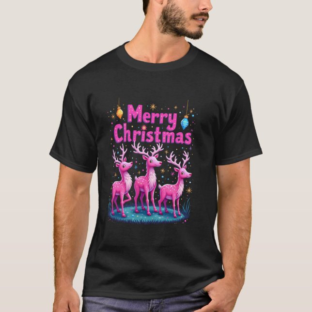 Merry Christmas Deer Santa Hat Claus Animal Xmas T-Shirt (Front)