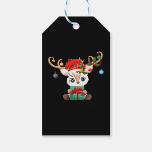 Merry Christmas Deer Santa Hat Lighting Gift Tags