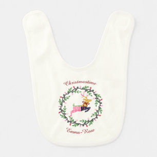 Merry Christmas Deer with Wreath Baby Bib