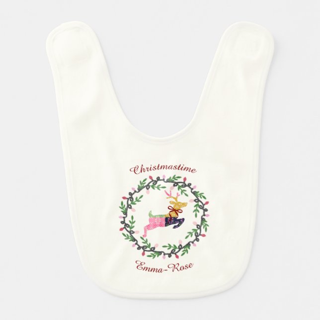 Merry Christmas Deer with Wreath Baby Bib (Front)