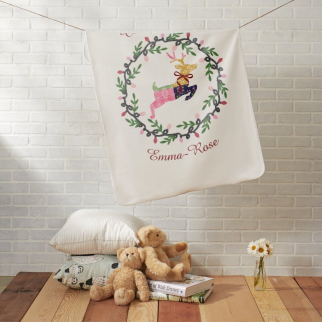 Merry Christmas Deer with Wreath Baby Blanket (In Situ)